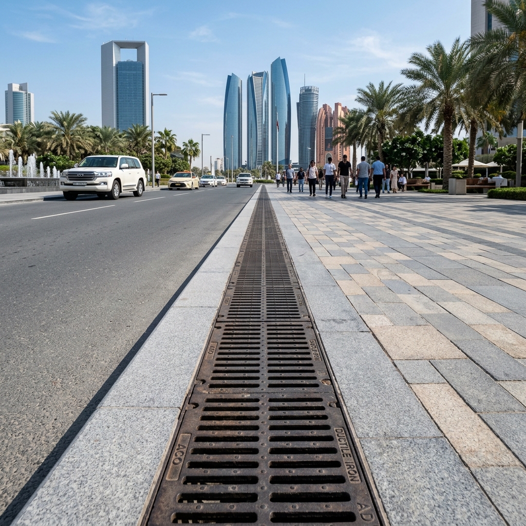 Linear trench channel gratings installed in an Abu Dhabi urban streetscape and pedestrian plaza
