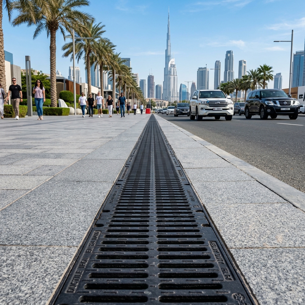 Linear trench channel gratings installed in a Dubai urban streetscape and pedestrian boulevard