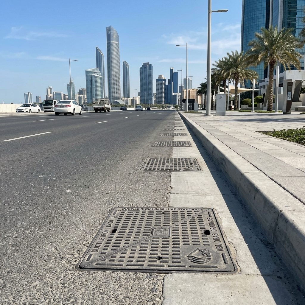 Ductile iron gully gratings installed within an Abu Dhabi road and drainage infrastructure setting
