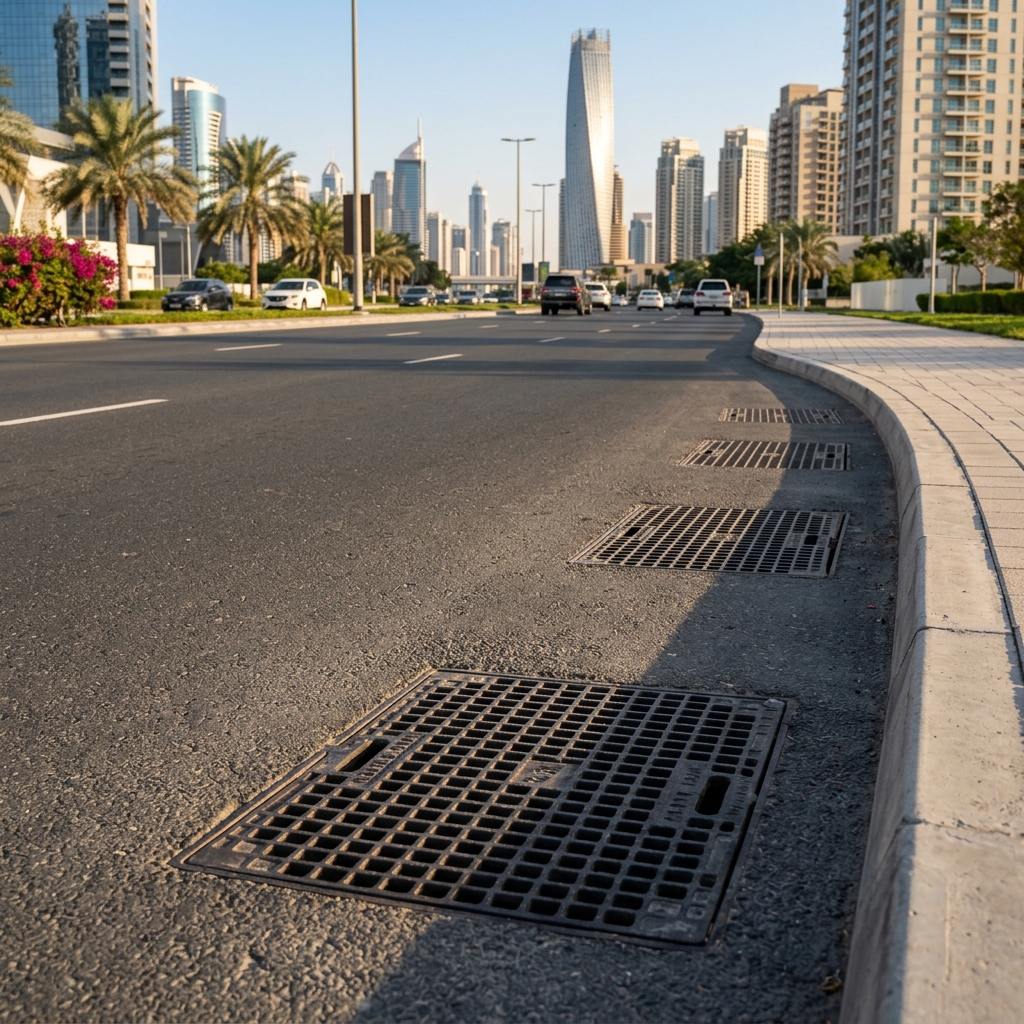 Ductile iron gully gratings installed within a Dubai road and drainage infrastructure setting