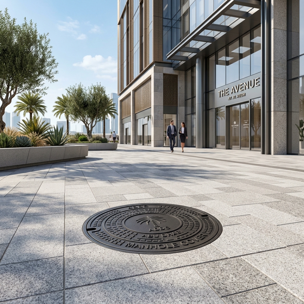 Infill recessed manhole cover installed seamlessly in pedestrian plaza paving