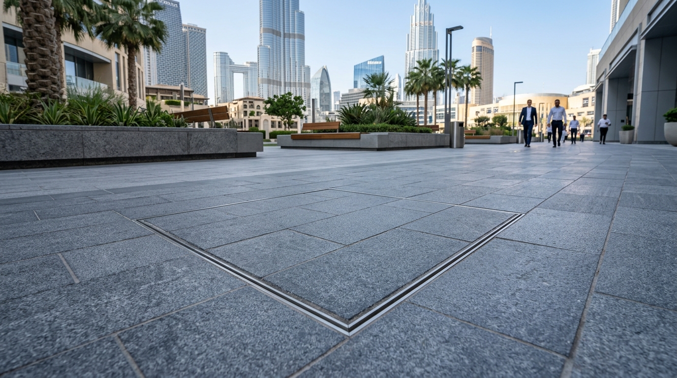 Infill recessed manhole cover installed seamlessly in Dubai pedestrian plaza paving