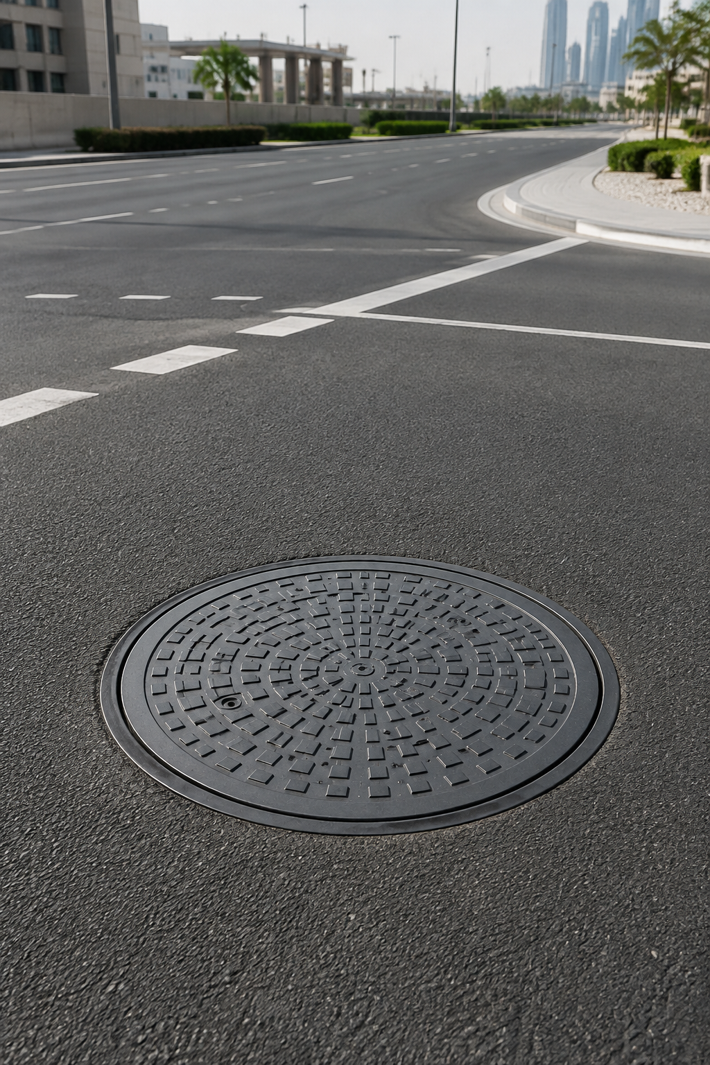 Ductile iron manhole cover installed within a Dubai road infrastructure setting