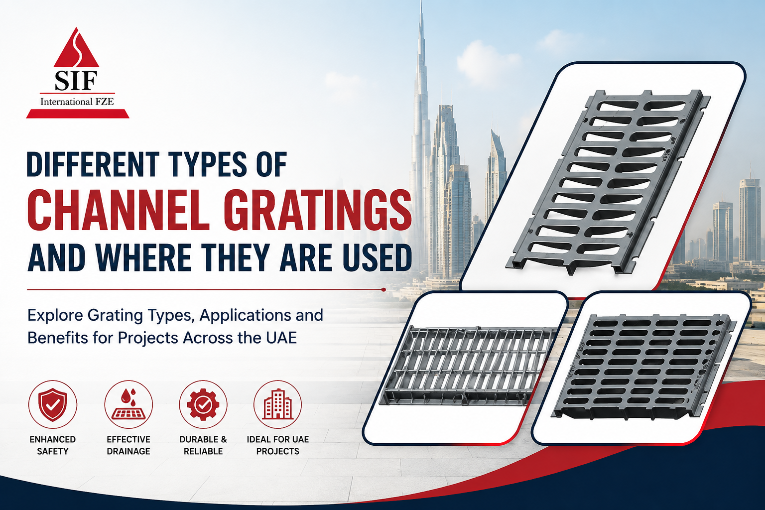 Different types of channel gratings and drainage grates in UAE urban infrastructure